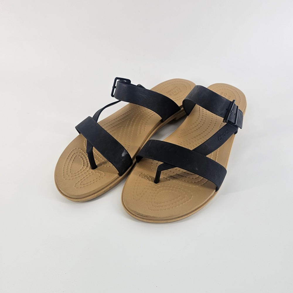 Crocs Tulum Sandal Womens 10 Black Tan Strappy Buckle Flat Thong Comfort Casual